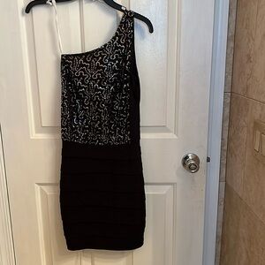 Off the shoulder black sequined mini dress